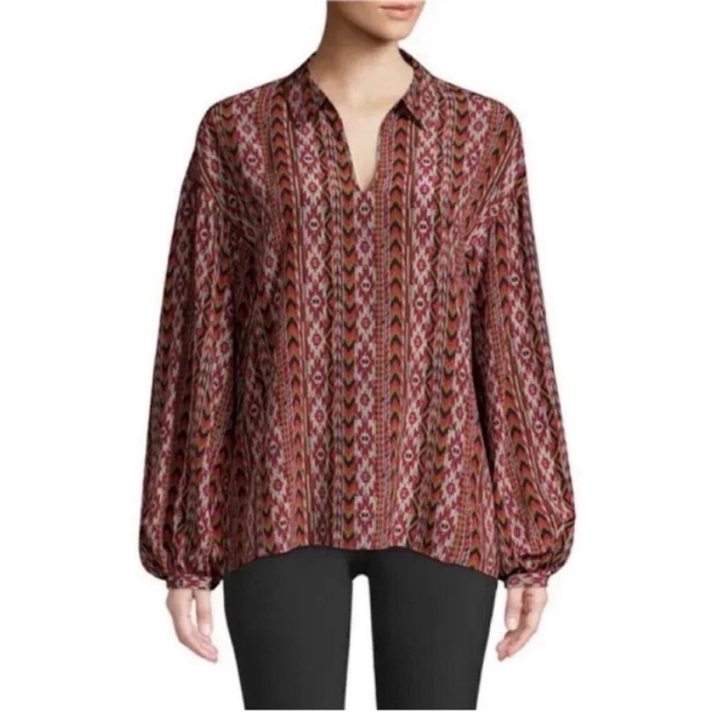 Lafayette 148 New York Delora blouse red orange southwestern silk collar